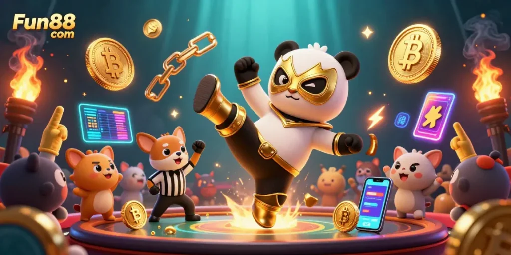 Join the action at Fun88 com with energetic casino-themed characters and crypto elements.