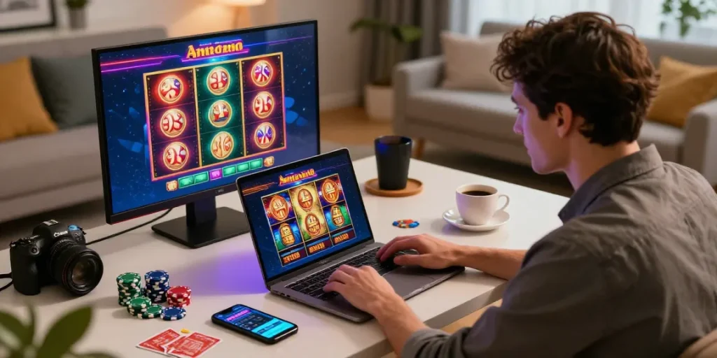 Joueur au casino en ligne avec ambiance dynamique, casino en ligne